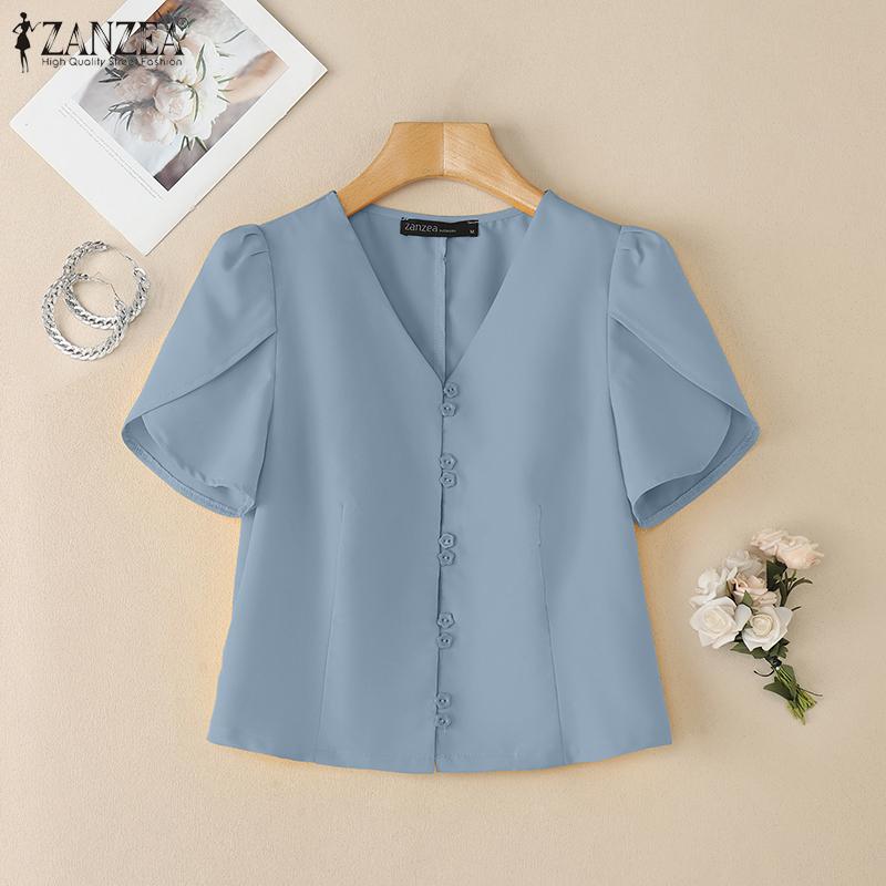 ZANZEA Women Casual V-Neck Summer Short Sleeve Plain Blouse