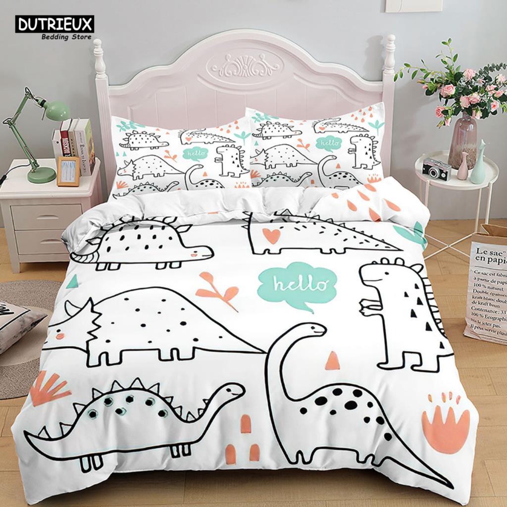 Cartoon Dinosaur Bedding Set White Soft Duvet Cover Animals Kids Boys Single Double Twin Queen King Size Duvet Cover Set