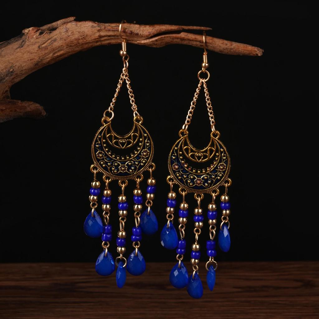 Bohemian Cross-Border Handmade Water Drop Rice Bead Tassel Earrings for Travel Photography