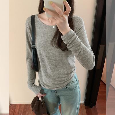 Graues Rundhals Langarm Basic T-Shirt für Damen Herbst Neu Lässig Locker Vielseitig Dünnes Unterzieh-Top