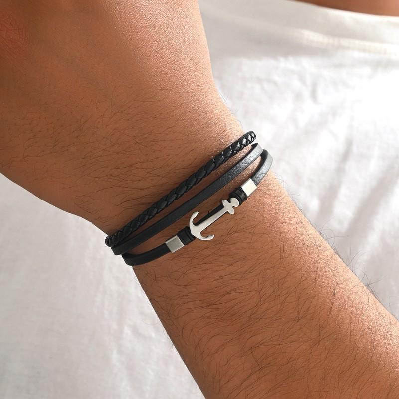 Creative Stainless Steel Boat Anchor Bracelet Multi-layer Woven Leather Accessory Jewelry