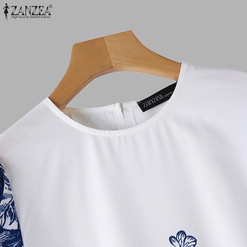 ZANZEA Damen Sommerkleider mit Rundhalsausschnitt und kurzen Ärmeln und bedruckter Taille