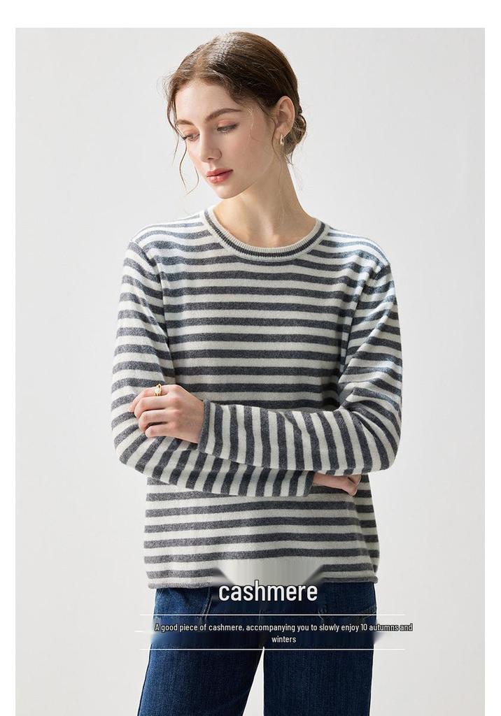 2026 Autumn/Winter Women's Cashmere Striped Loose Sweater - Elegant Round Neck, Slimming and Warm