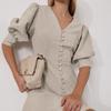 Women's cotton and linen V-neck lantern sleeve dress, new single-breasted layered design lace a-word skirt