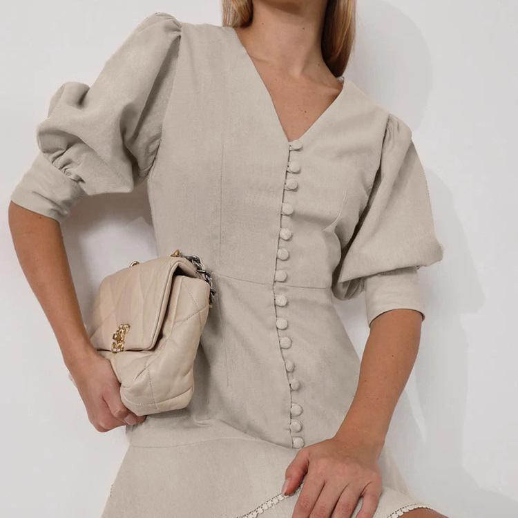 Women's cotton and linen V-neck lantern sleeve dress, new single-breasted layered design lace a-word skirt