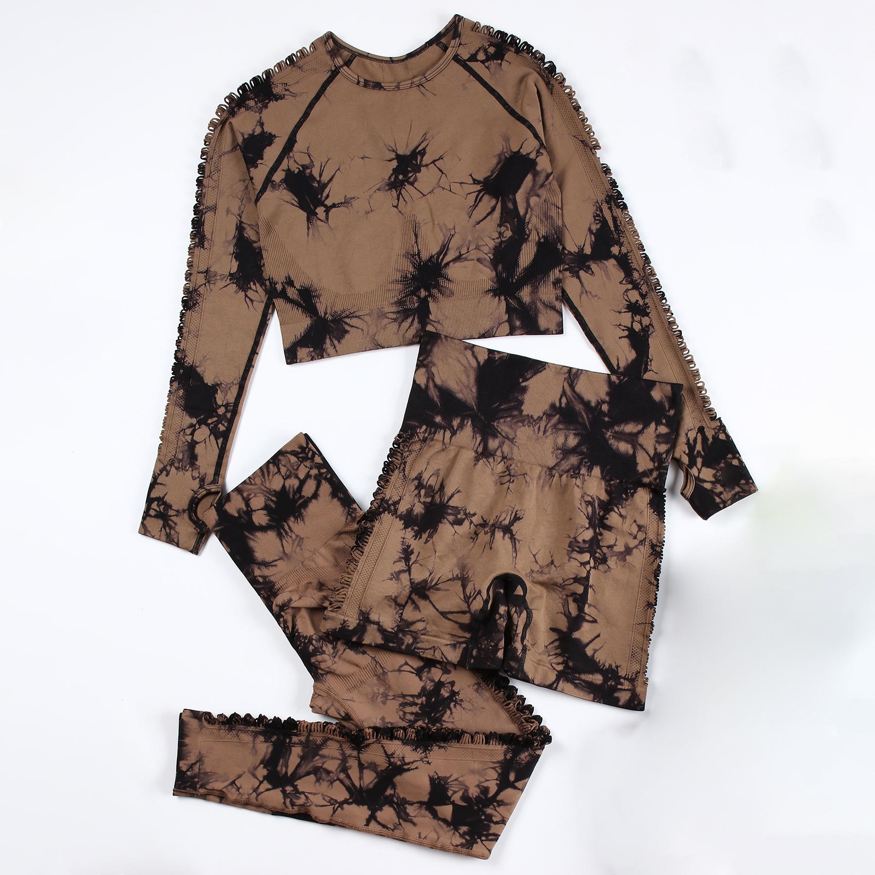 

3 шт. однотонный бесшовный комплект для йоги с круглым вырезом и длинными рукавами, полая футболка и леггинсы с высокой талией, спортивный костюм XL кофейный