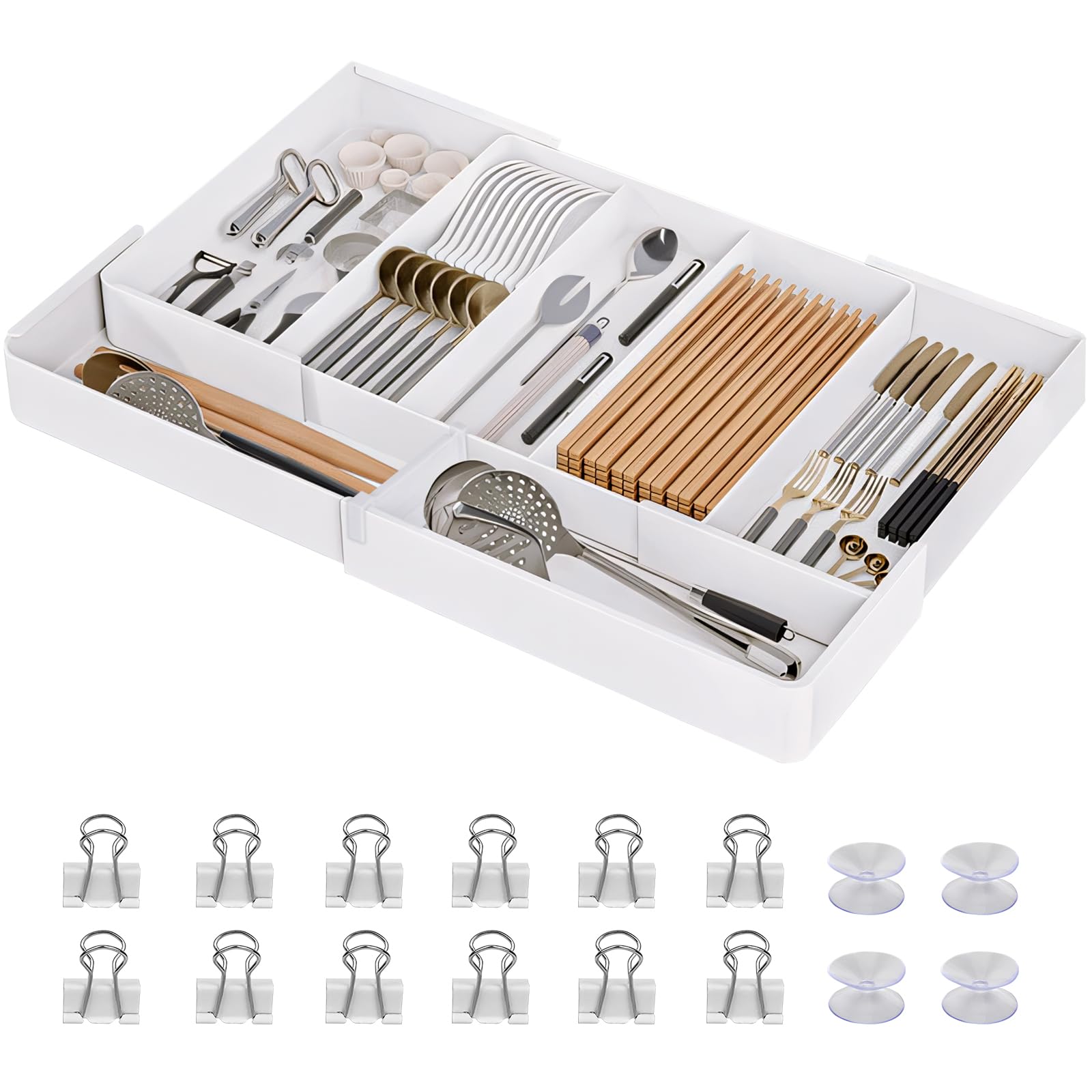 

Extendable Cutlery Kitchen Storage Drawer Cutlery Chopstick Spoon Knife Item with Extendable Fixing Clips Suction Cups Case, Divider, Holder, Storage, белый