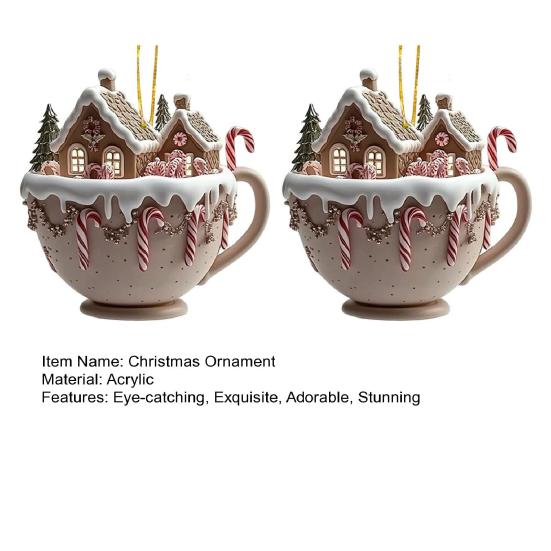2 Pcs Coffee Cup Christmas Tree Ornaments 2D Acrylic Winter Village Snow House Hot Chocolate Mug Shape Xmas Hanging Pendents for Holiday Decor
