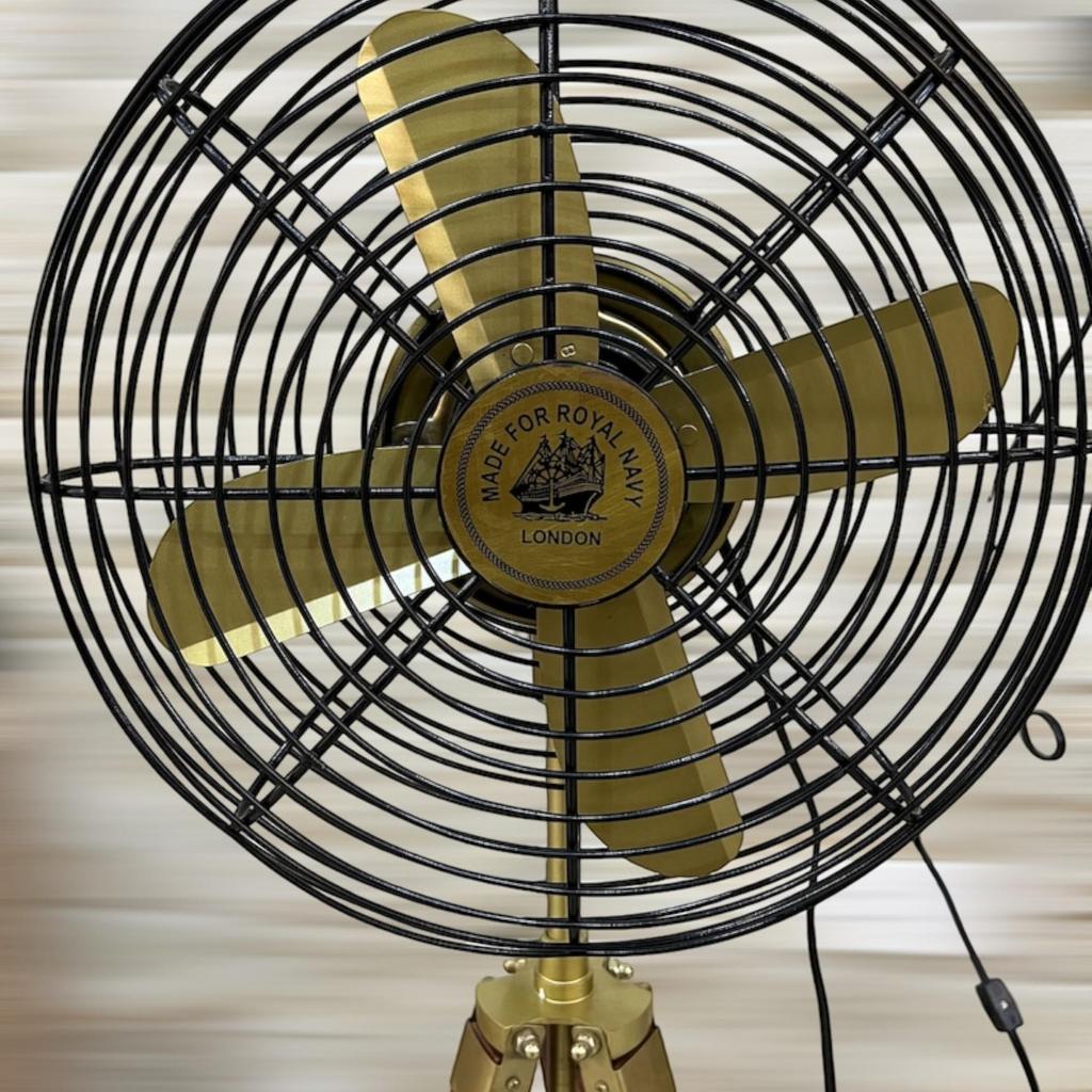 Floor Fan Nautical Brass Antique Finish with Brown Wood Tripod Pedestal Floor Fan | Retro Industrial Modern Twist with Unique Design Decor