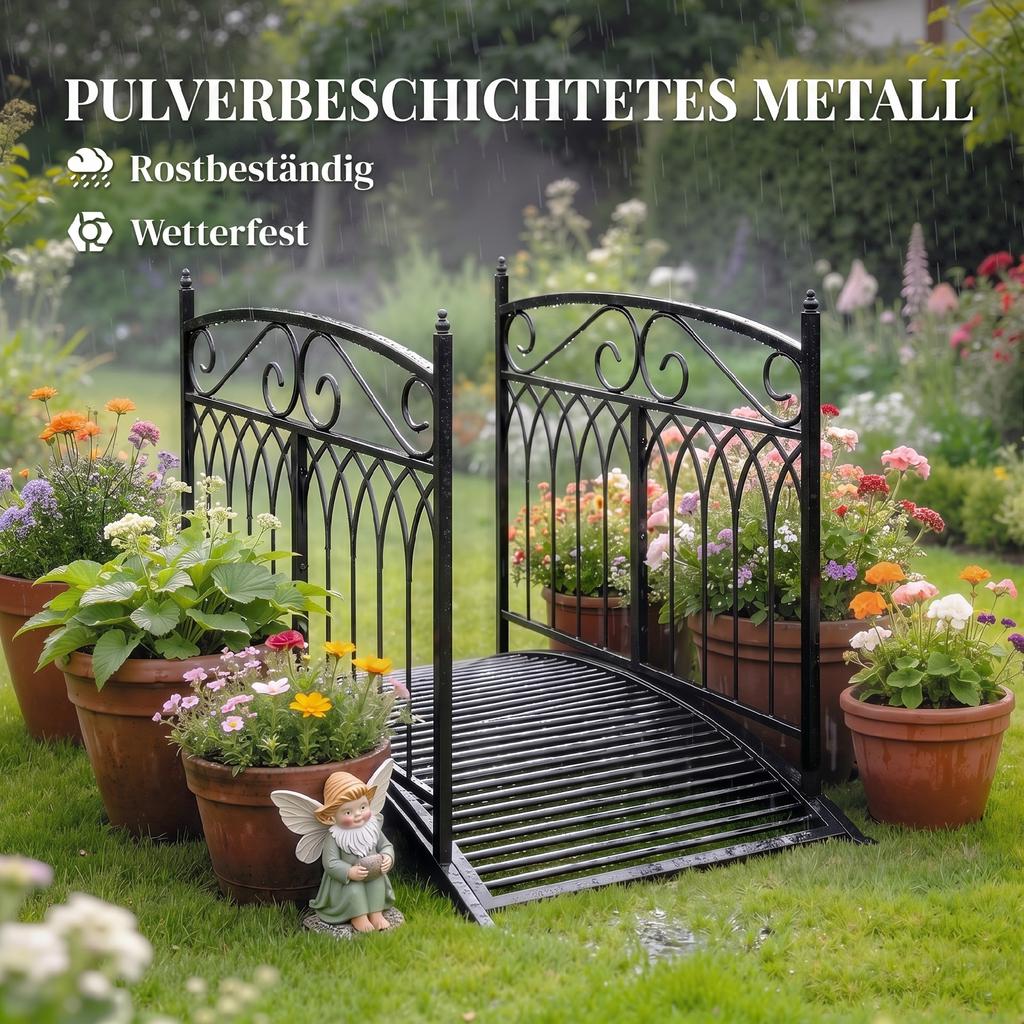 Mostek Ogrodowy Metalowy 135,5 cm Mostek nad Stawem z Balustradami Bezpieczeństwa Wygląd Antyczny Odporny na Rdzę Łatwy Montaż