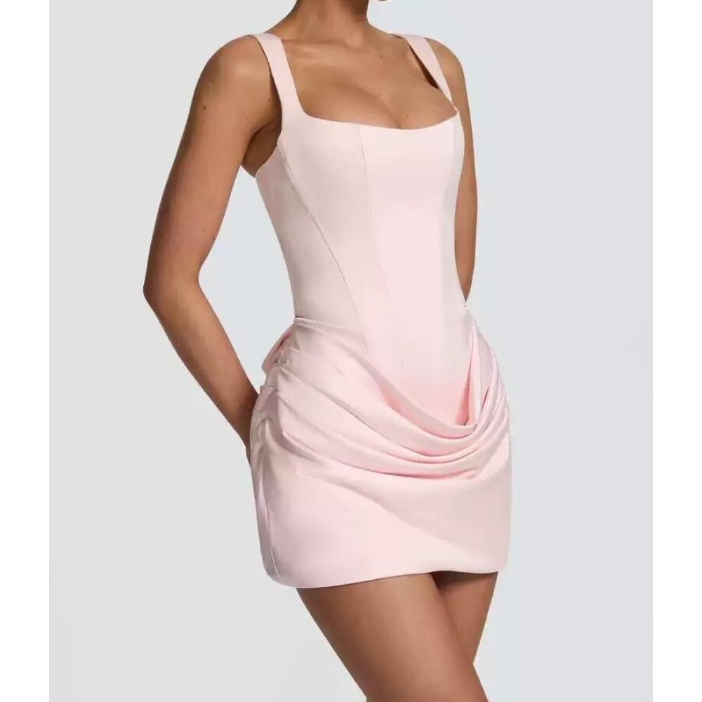 Women's Square Neck Sleeveless Mini Dress Slim Fit Side Ruched Solid Polyester Spaghetti Strap Club Bodycon Dress