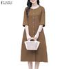 ZANZEA Women Casual Round Neck Solid Color 3/4 Sleeve Loose Dress