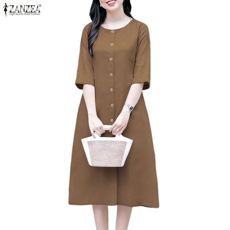 ZANZEA Women Casual Round Neck Solid Color 3/4 Sleeve Loose Dress