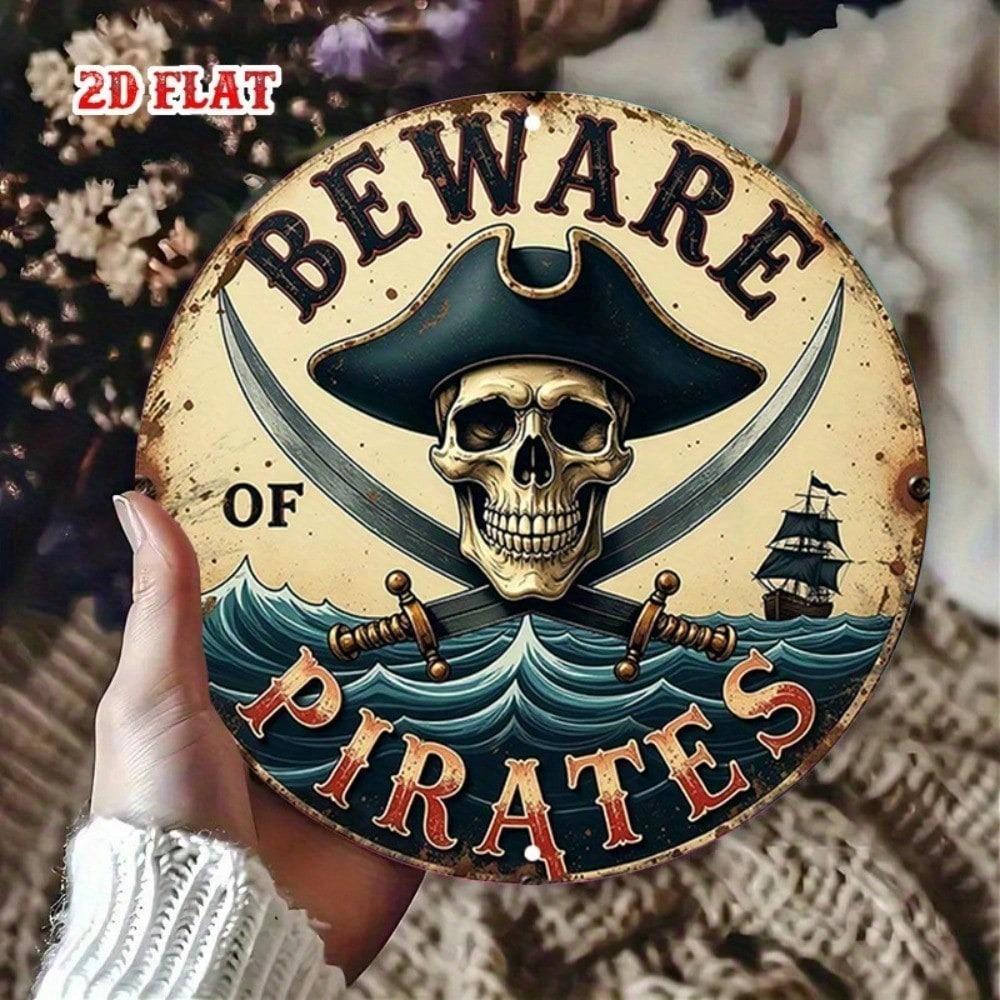 Vintage Nautical Skull Crossbones Rustic Round Metal Wall Art Sign Blue Decor