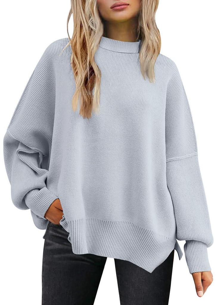 2025 Women's Round Neck Batwing Long Sleeve Knit Sweater with Exposed Seam and Side Slit