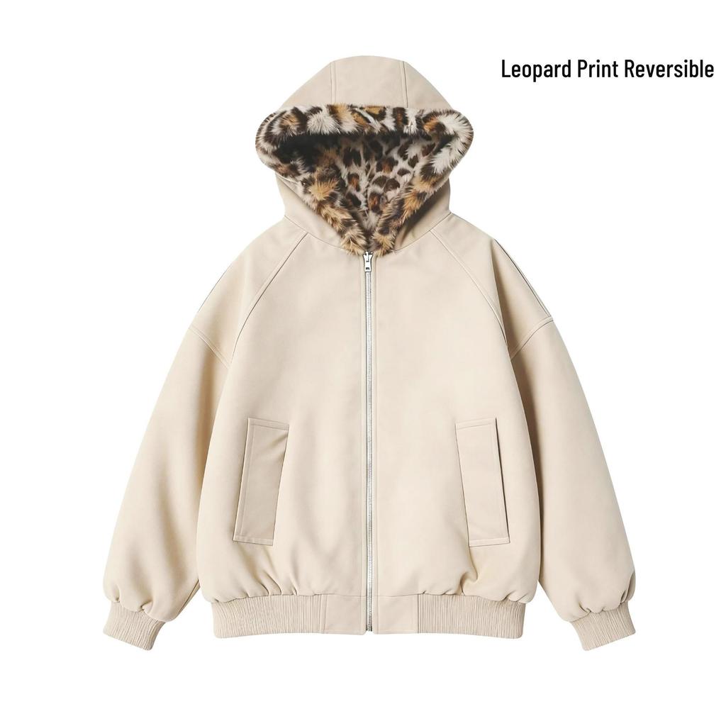 Unisex Reversible Retro Leopard Print Fleece-Lined PU Leather Jacket