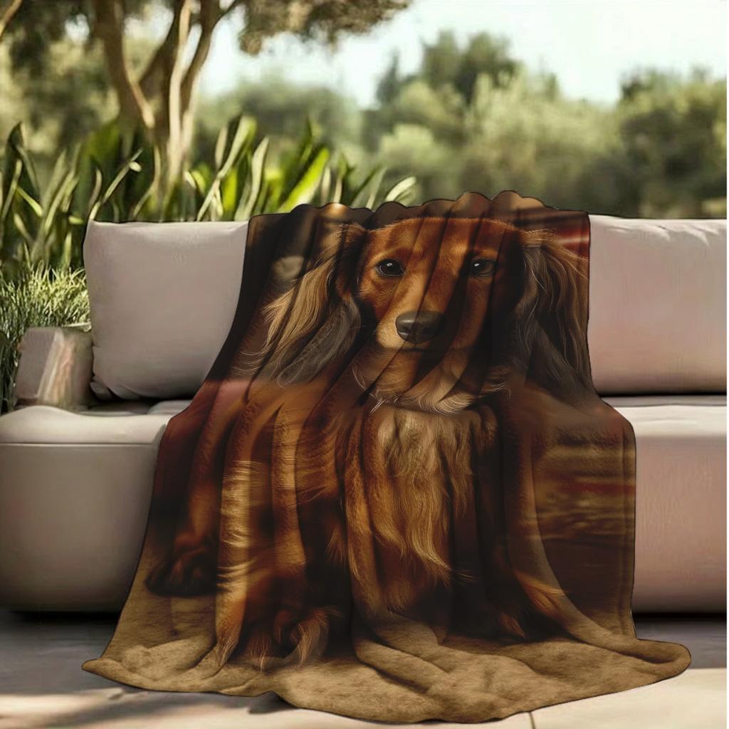 Vintage Longhaired Dachshund Design Soft Blanket, Cozy Fabric for Napping Camping Traveling, All-Season Travel Blanket Gift