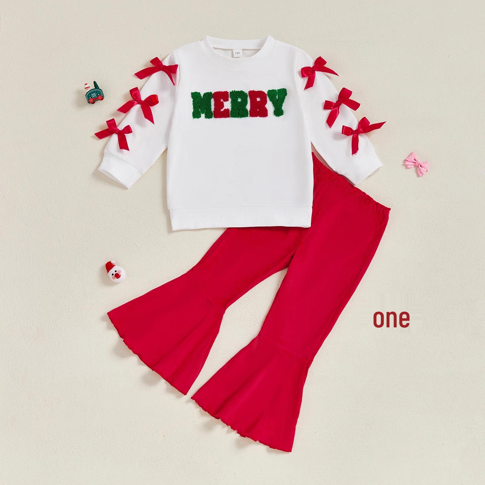 

2025 Christmas Embroidered Bow Sweatshirt & Flared Pants Set 120 cm червоний
