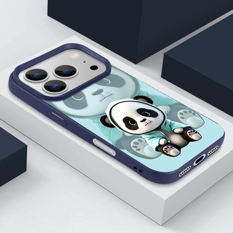 Blauer Mantel Panda Muster Hülle Für iPhone 17 Pro Max Funda iPhone 16 Pro Max 15 14 13 12 11 Air 16E Lederstruktur Silikonhülle