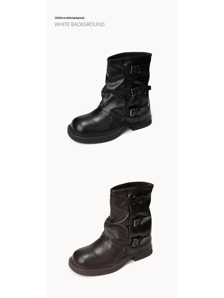 Women's Short Boots - 2025 Autumn/Winter Style: Buckle, Ruched, Thick Sole, Round Toe, Retro, Versatile, Stacked Design.