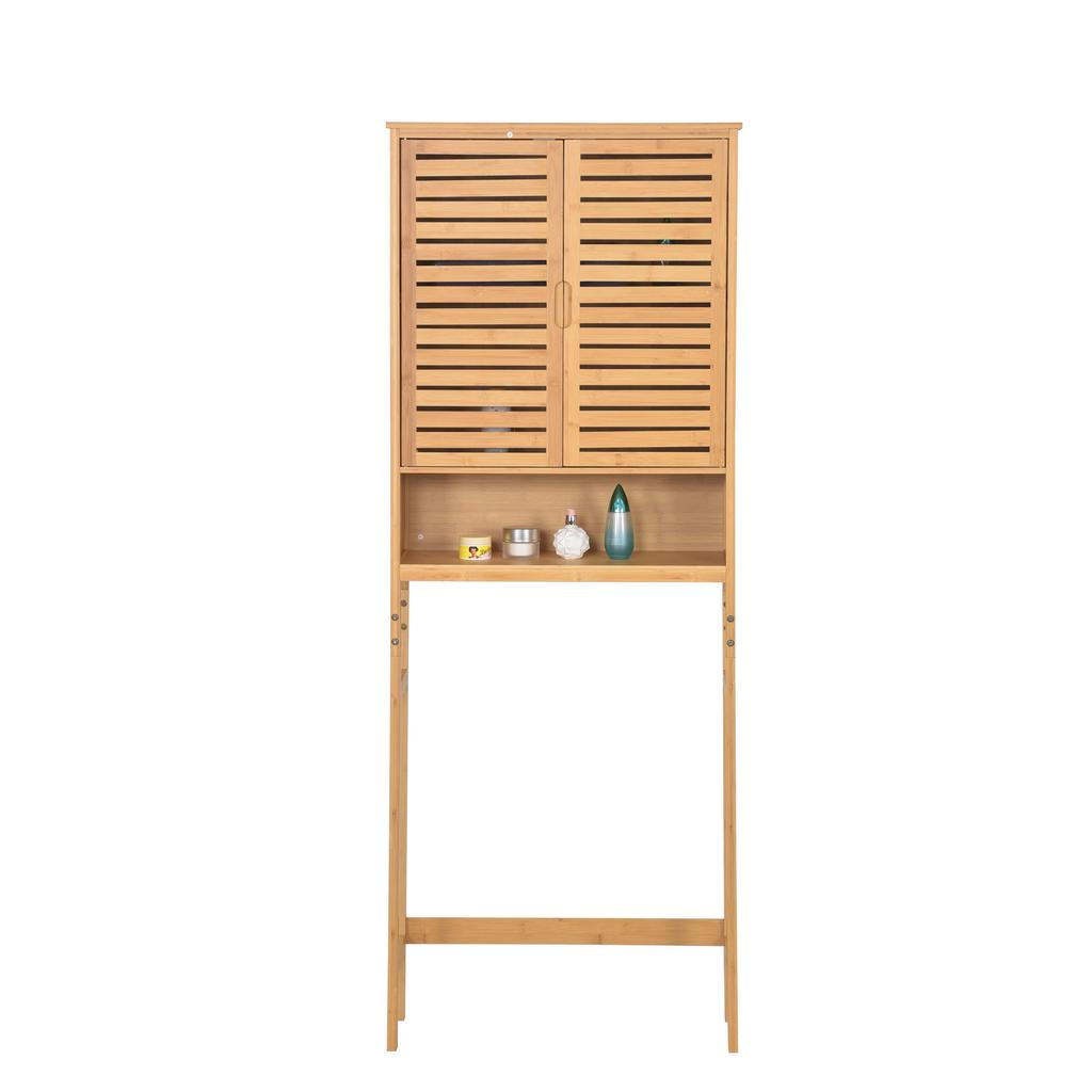 Badezimmerschrank über Waschmaschine mit Regalen, Freistehend, Abschließbar, Bambus, 170X66X23Cm