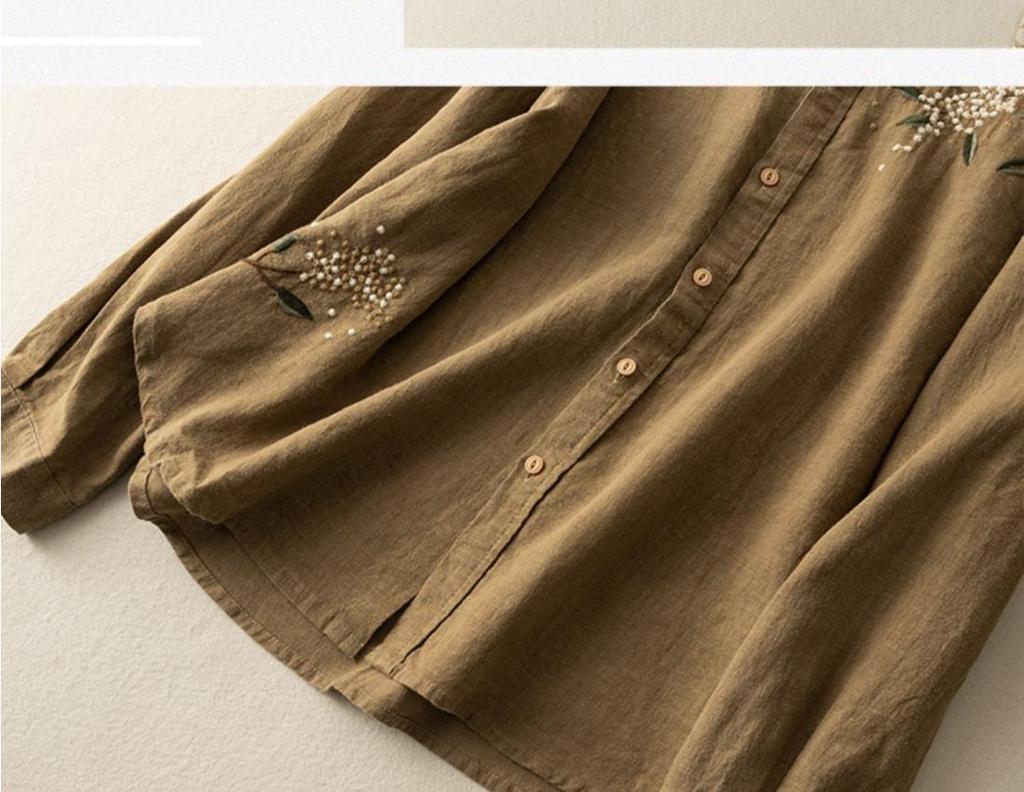 Hong Kong Style Embroidered Cotton Linen Shirt - Artistic Retro Casual Top for Women, Spring/Autumn 2025.