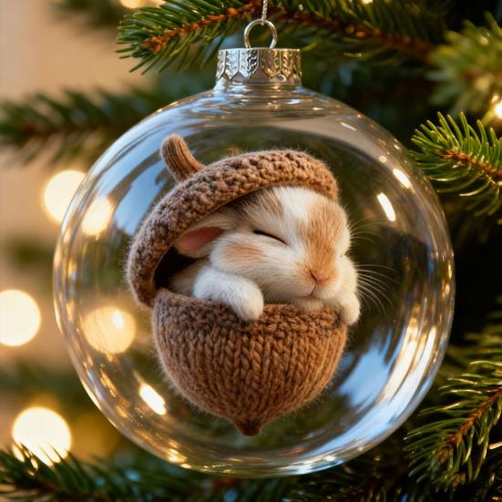 Forest Animal Acorn Clear Ball Ornaments Plastic Christmas Hanging Ball with Cozy Pine Cone Animal for Winter Xmas Tree Decor