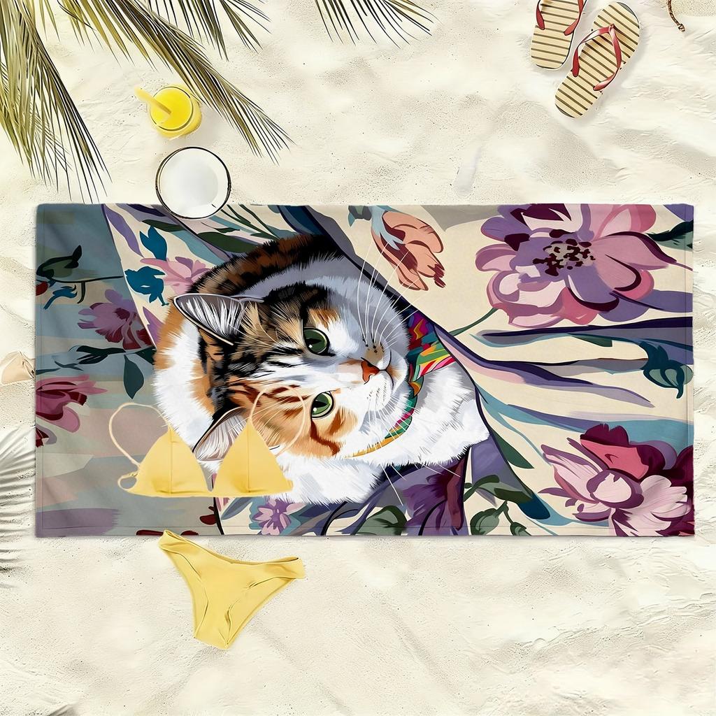 Lazy Cat with Colorful Floral Pattern Polyester Microfiber Beach Towel Is Highly Absorbent, Suitable Swimming and Beach Outings