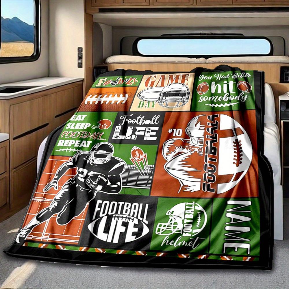 Football Helmet And Ball With Flames Blanket With Customizable Name Four Seasons Comfortable Shawl Blanket Suitable For Home Travel Camping Office