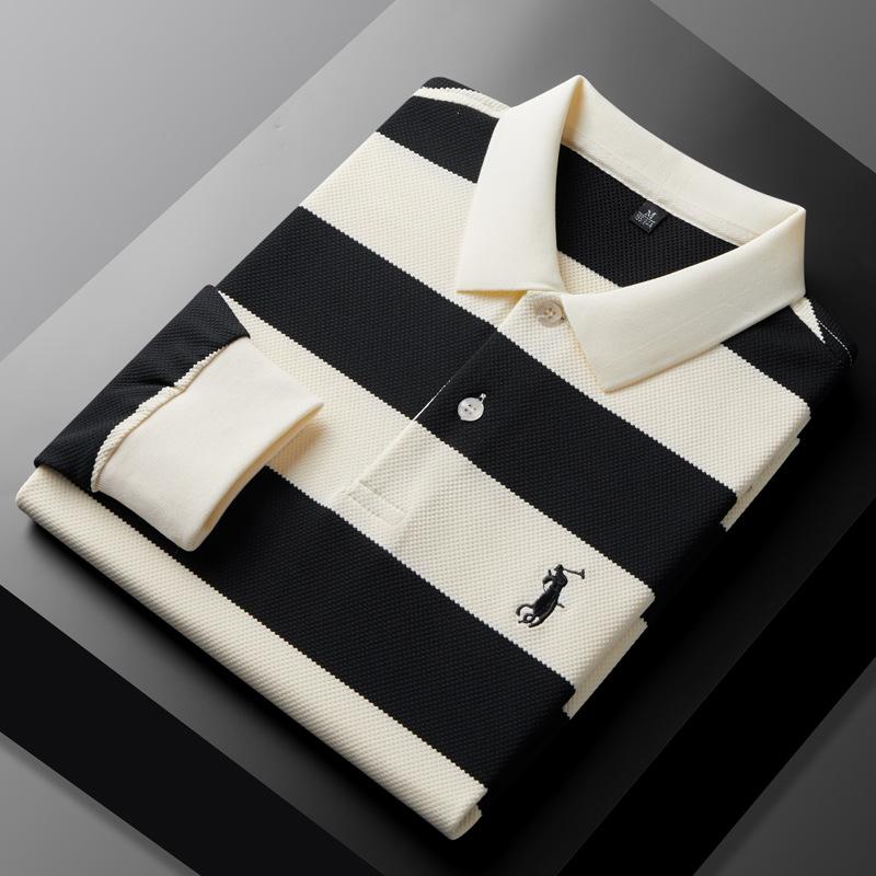 Polo à manches longues à rayures larges noir et blanc, t-shirt brodé décontracté pour homme