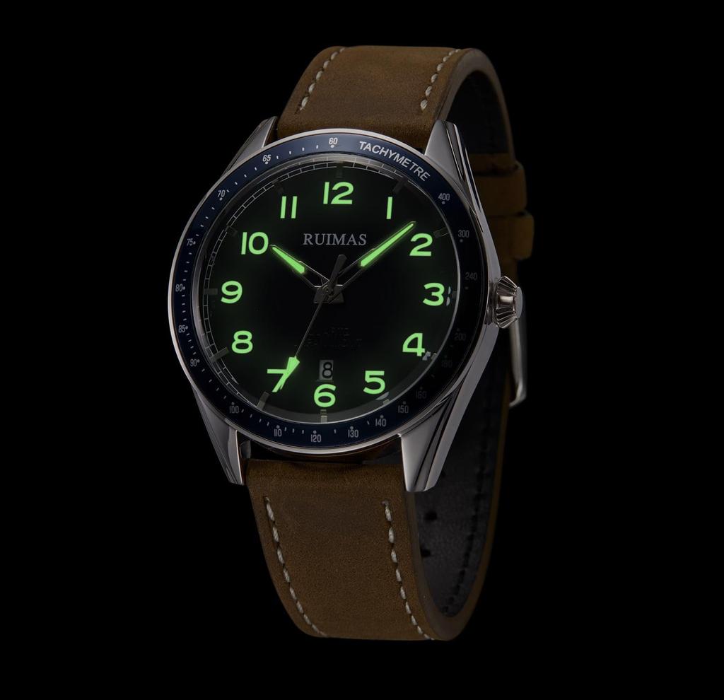 Montres RUIMAS Montre à Quartz Tendance Bracelet en Cuir Kaki Mâle Argent Noir Montre Étanche Homme