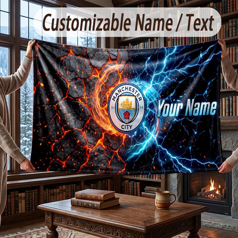 Custom Name Flannel Throw Blanket Manchester City Pattern Warm Home Decoration