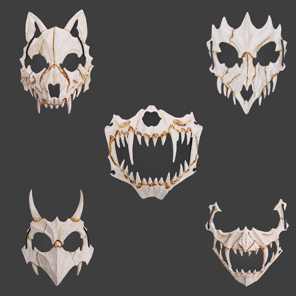 Halloween Horror Skull Mask Animal Bone Teeth Skull Horror Half Face Cover Halloween God Tengu Cosplay Costume Props Decoration