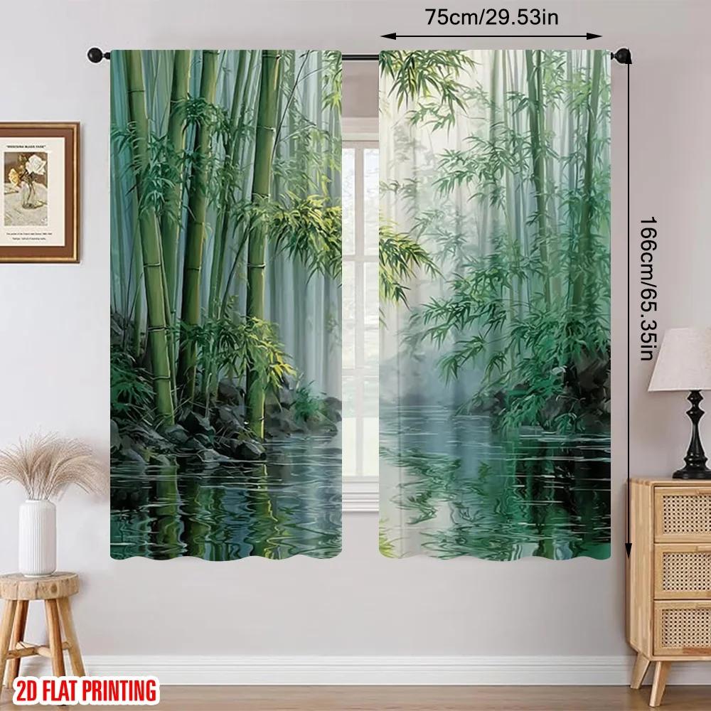 2pcs Bamboo Forest Water Printed Curtains, Designed for Light Filtering, Quality Material, Ideal for Zen-Style Home Window Decor