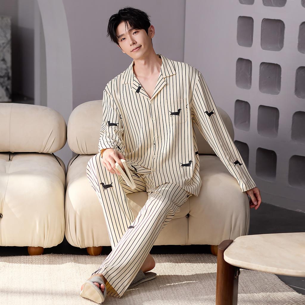 Couple Pajamas Men'S And Women'S Spring And Autumn Autumn Pure Cotton Striped Long Sleeves Can Be Worn Outside Loungewear Suit