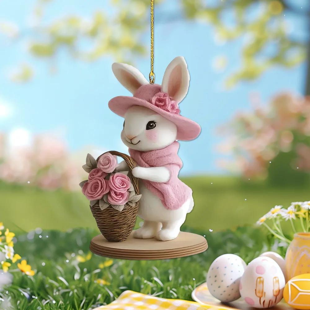 Easter Cute Bunny Acrylic 2D Pendant Keychain Car Rear View Mirror Accessory Backpack Small Pendant Porch Decoration Crafts