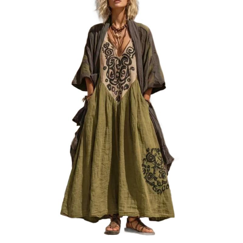 Neues böhmisches V-Ausschnitt bedrucktes langes Kleid lockere Sonnencreme-Bluse Strandurlaub Strandkleid
