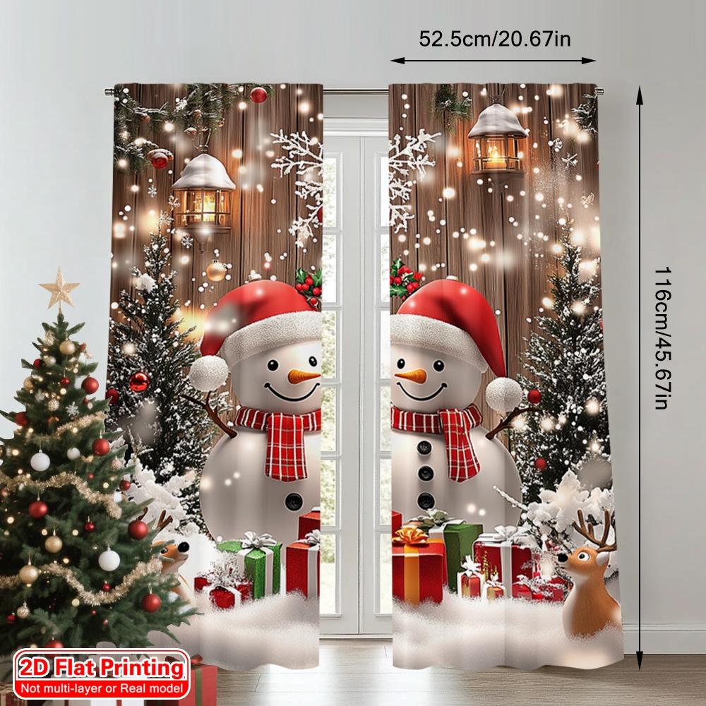 2pcs 2D flat printing Christmas Party Curtain Winter Christmas, Rural Snowman Christmas Polyester Fabric Without Electricity