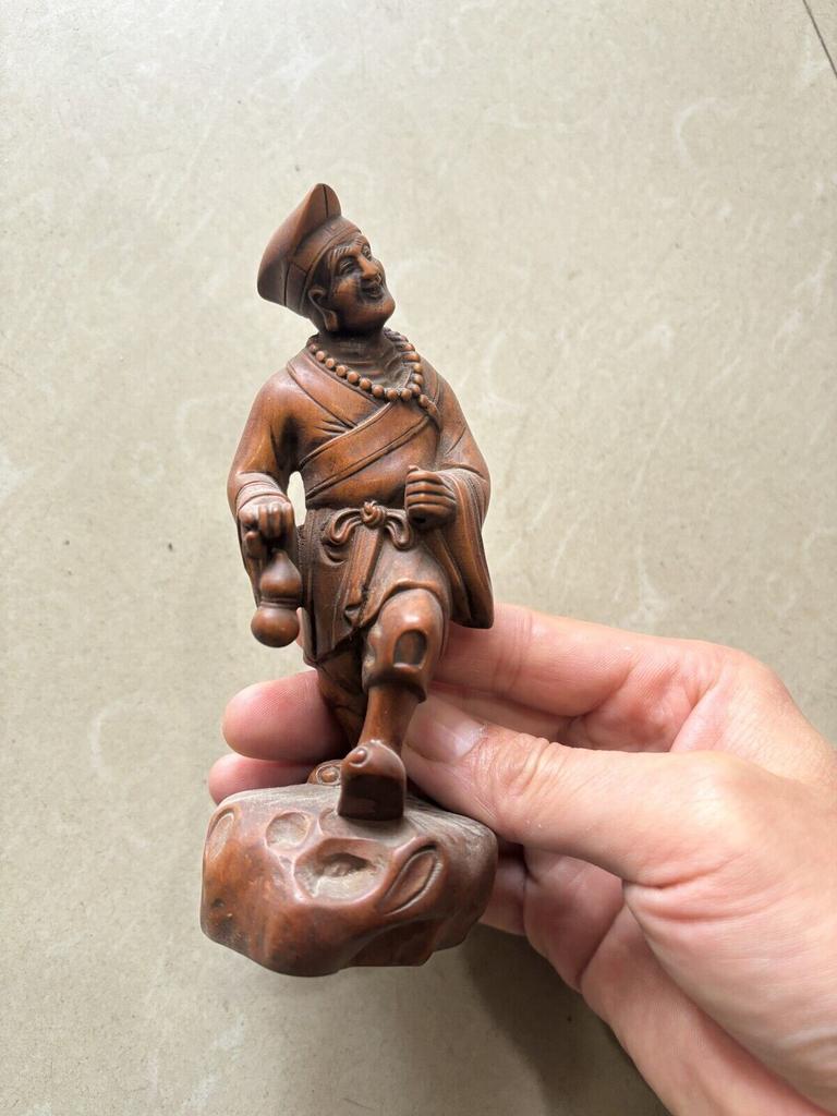 Chinese Antique Wooden Boxwood Carved Exquisite Ji Gong Buddha Statues Sculpture