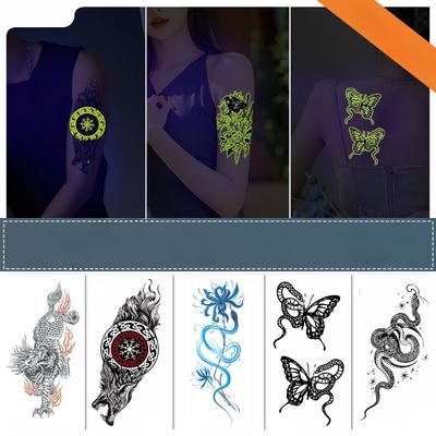 Adesivo de tatuagem fluorescente amarelo à prova d'água, suor, animal, preto e branco, flor, braço, borboleta, adesivo de tatuagem europeu e americano