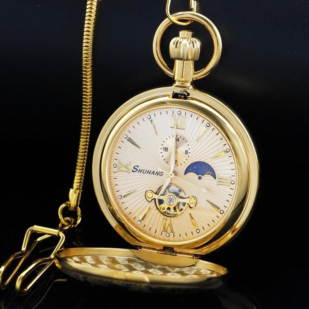 Classic Ornately Carved Golden Mechanical Pocket Watch Gold Pendant Gold Plated Dial Ladies Pendant Necklace Men's Watches Gifts