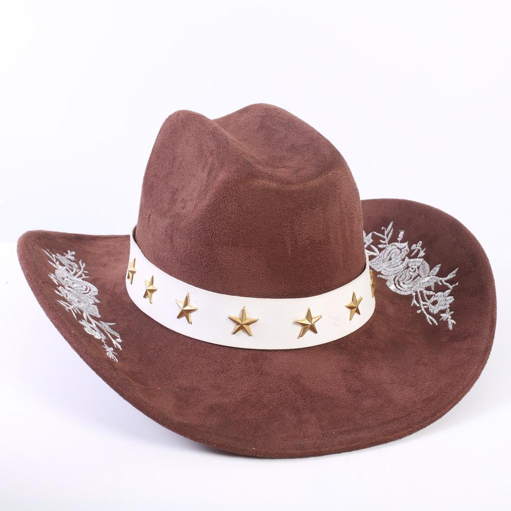Popular European and American Classic Suede Western Cowboy Hat Men's and Women's Big Brim Embroidered Outdoor Sun Hat