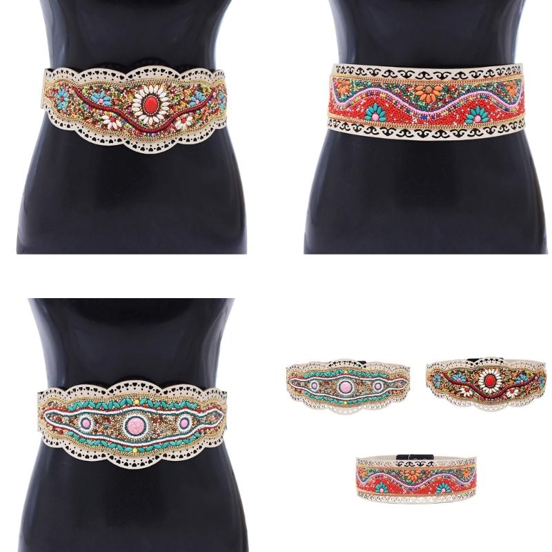 Bohemian Stretch Waist Belt Waistband with Ethnic Beads Accent Adjustable Wide Cinching Band for Dresses and Skirts