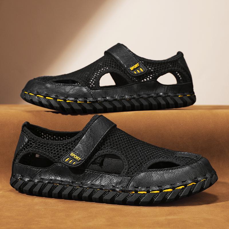 

2025 Men s Summer New Breathable Versatile Trendy Outdoor Handmade Large Beach Shoes Hollow Mesh Beach Sandals Genuine Leather 38 чёрный