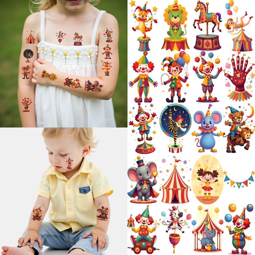 54 peças Tatuagem Temporária Personagens de Circo Adesivos de Tatuagem Temporária Elefantes Fofos Desenho Animado Para Meninas Crianças Homens