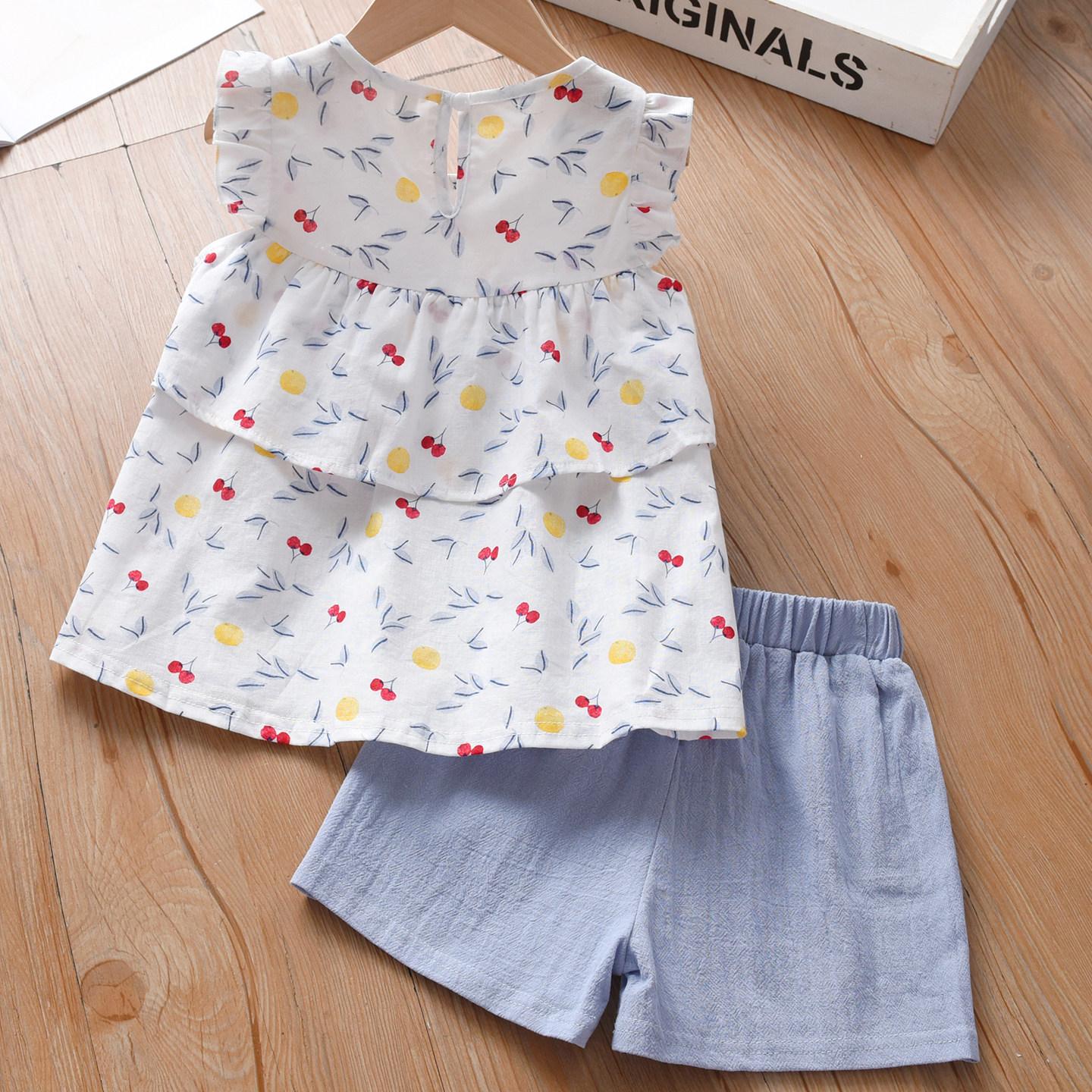 Girls Summer Cherry Floral Flutter Sleeve Bow Top And Casual Shorts 2 Piece Set 90cm синий