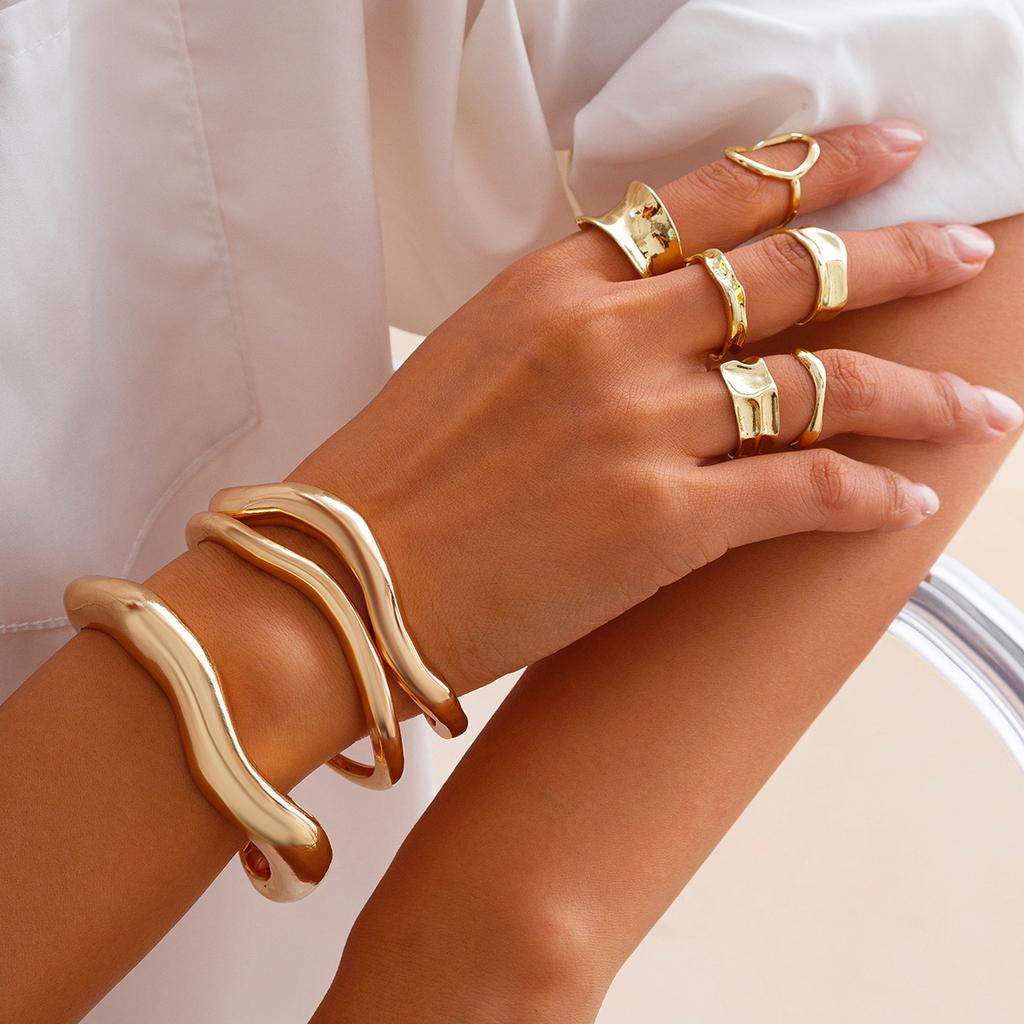 Design Sense Metal Irregular Lava Bracelet Women, Fashion Niche Open Glossy Bracelet Set