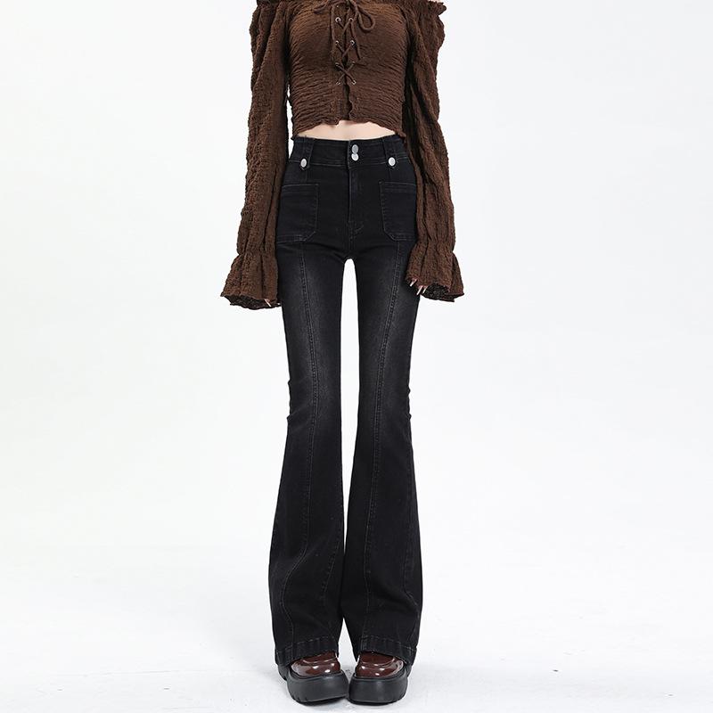 Four Season Wearable Spicy Girl Slim Fit Elastic Splicing Flared Jeans Women'S New High Waisted Niche Design Horseshoe Pants