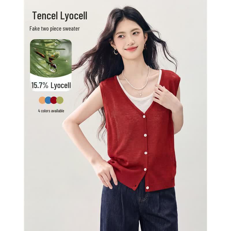 Women s Faux Two-Piece Tencel Sleeveless Knit Top L