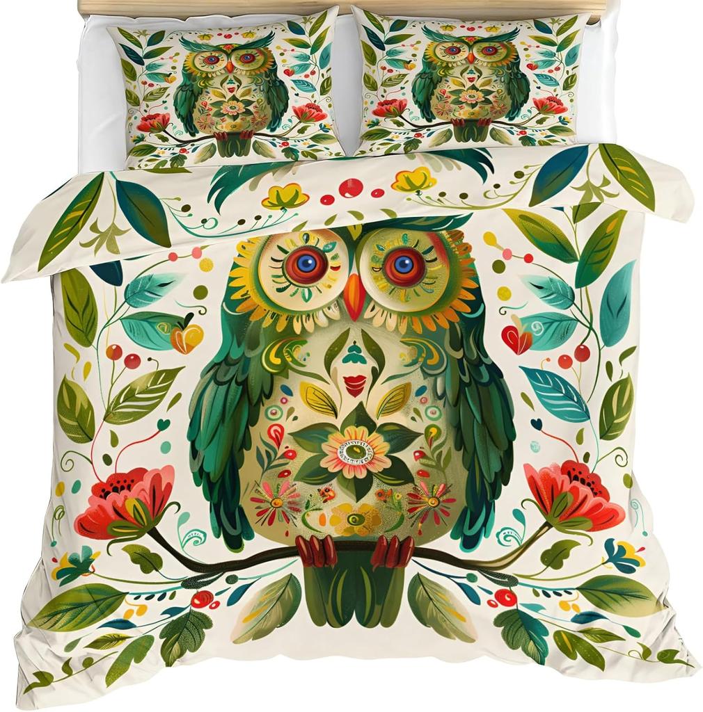 Owl Duvet Cover Single Size, Cartoon Funny Owl Bedding Set, Watercolor Floral Comforter Cover with Zipper Ties and Pillowcases